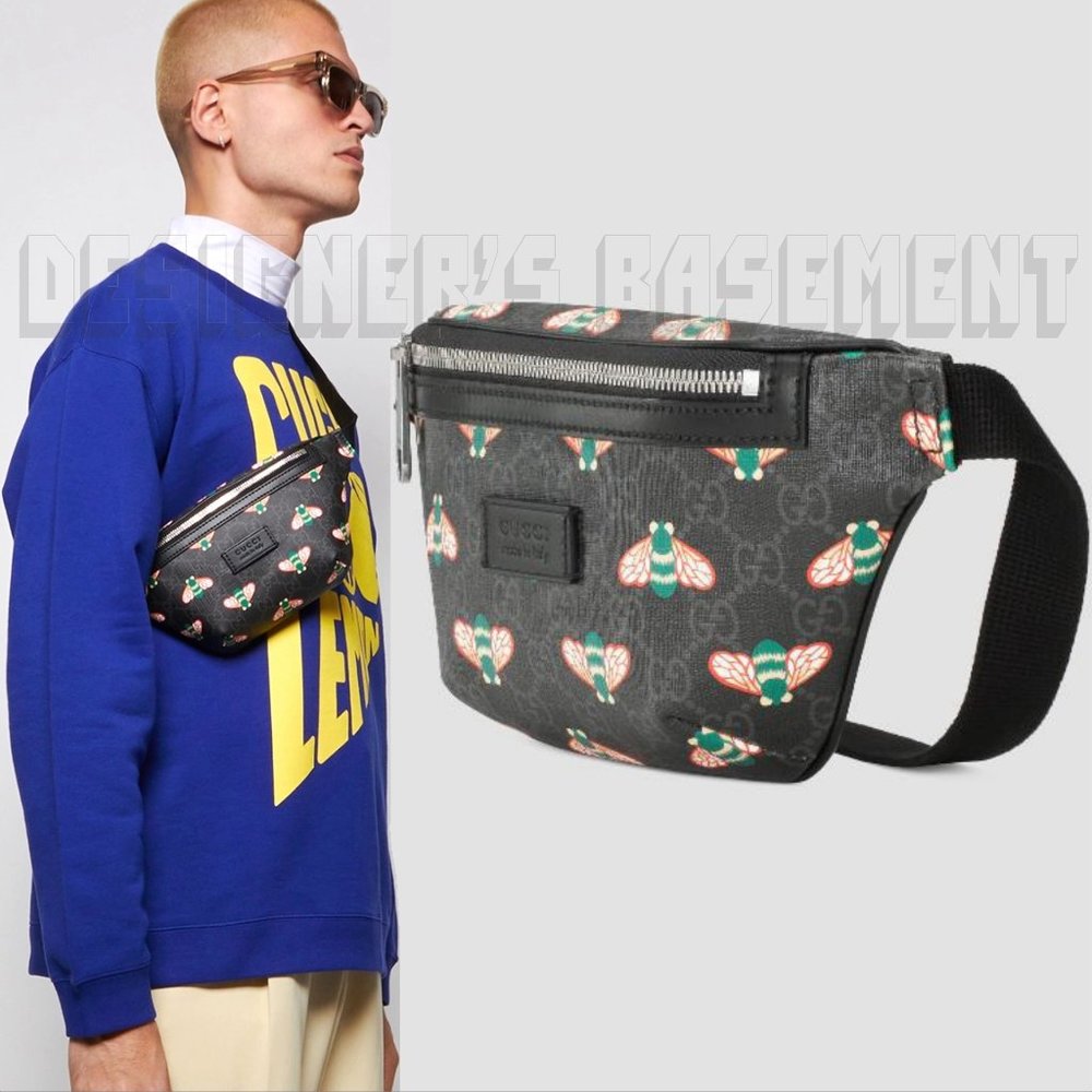 GUCCI black leather BESTIARY Bee GG Supreme canvas crossbody 90-36 Belt BUM bag